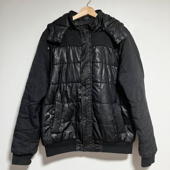 GUESS Black Puffer Bomber Jacket Men’s Size L Hooded Faux Leather Trim - Picture 1 of 14